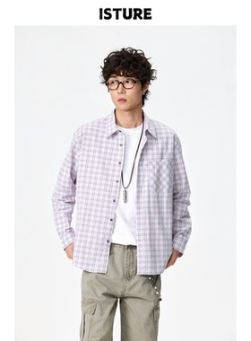 ISTURE美式复古撞色格子长袖衬衫男女宽松百搭休闲学院风衬衣外套