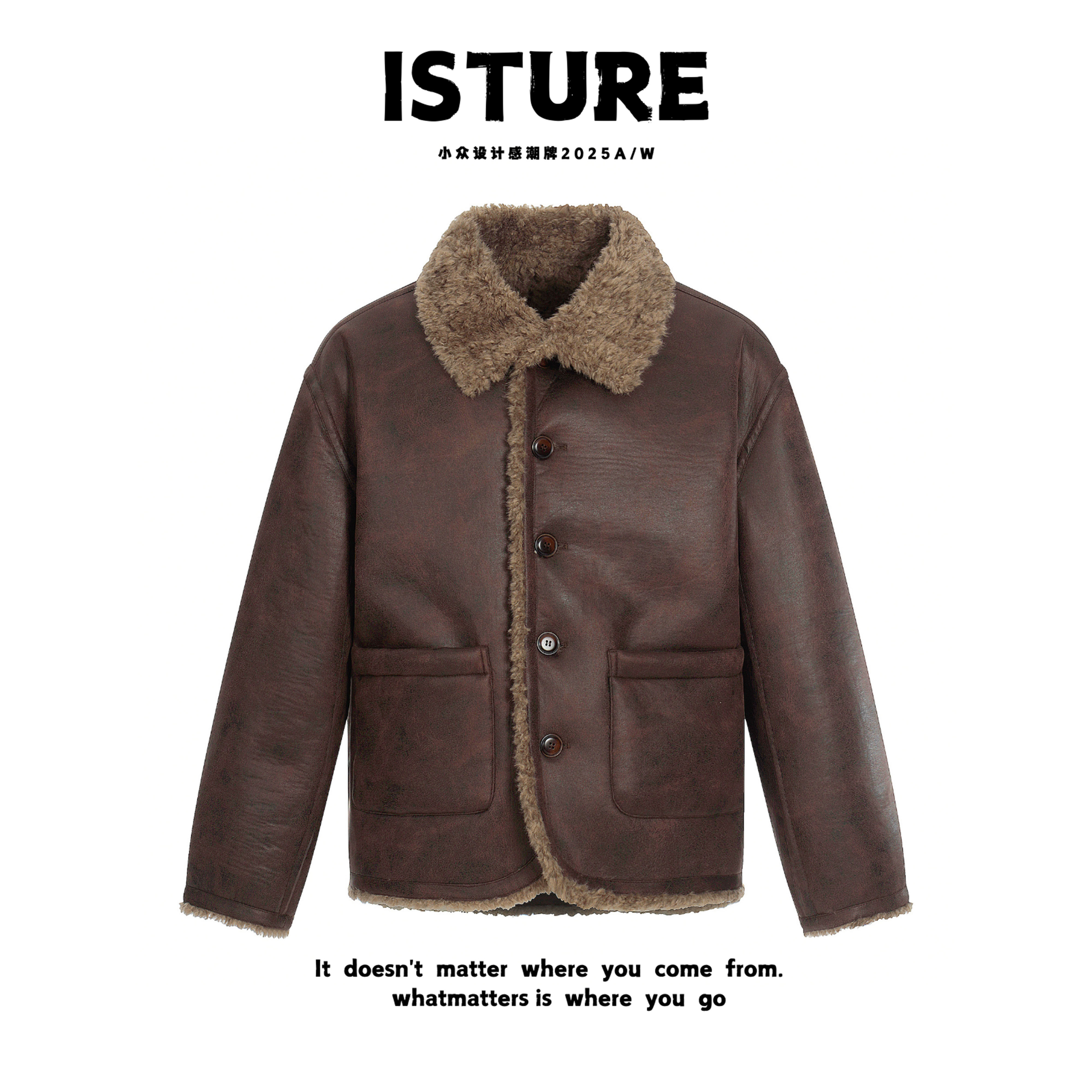 ISTURE美式复古美拉德皮毛一体羊羔毛棉服情侣宽松百搭休闲冬外套