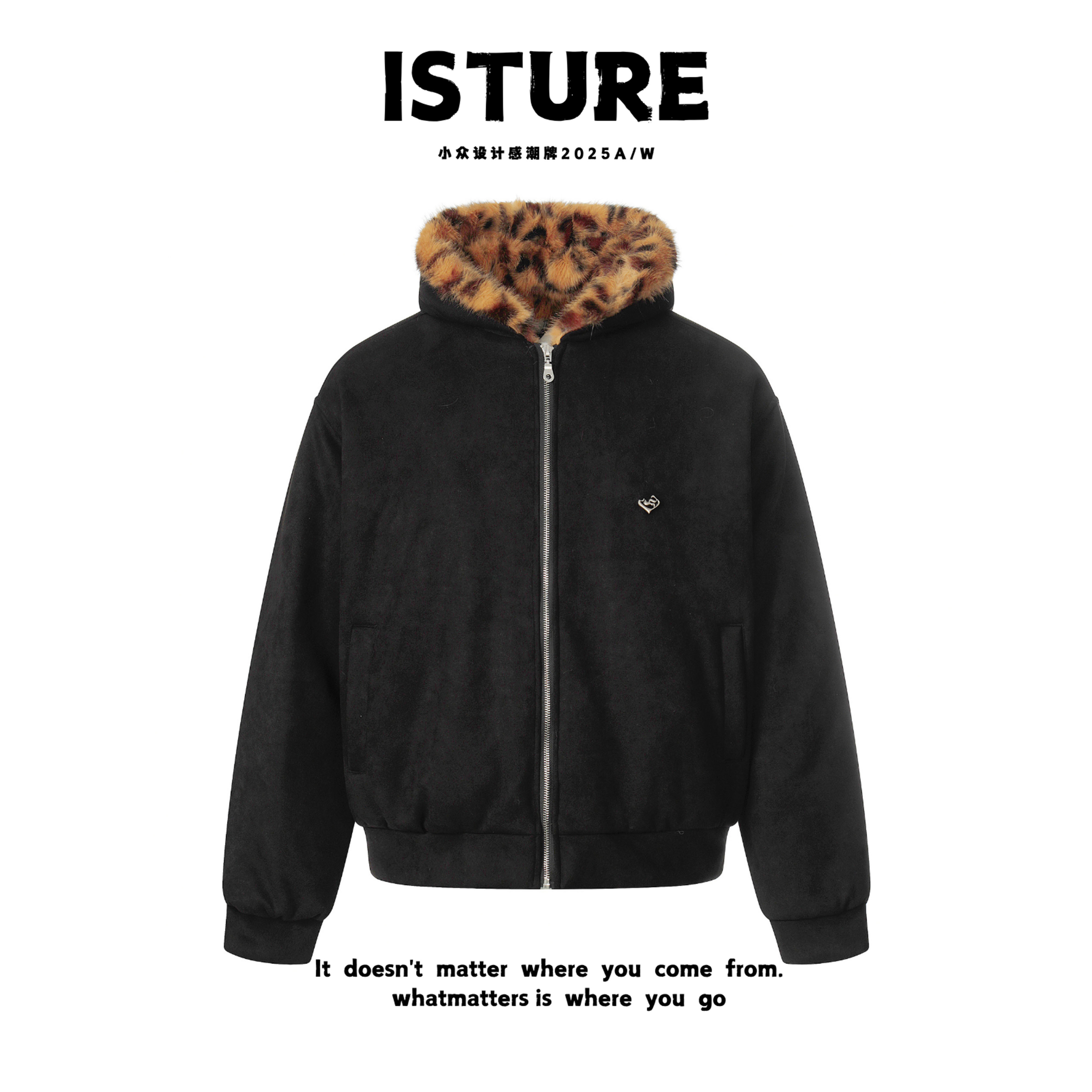 ISTURE美式复古豹纹毛领座山雕连帽棉服情侣宽松慵懒加厚冬季外套