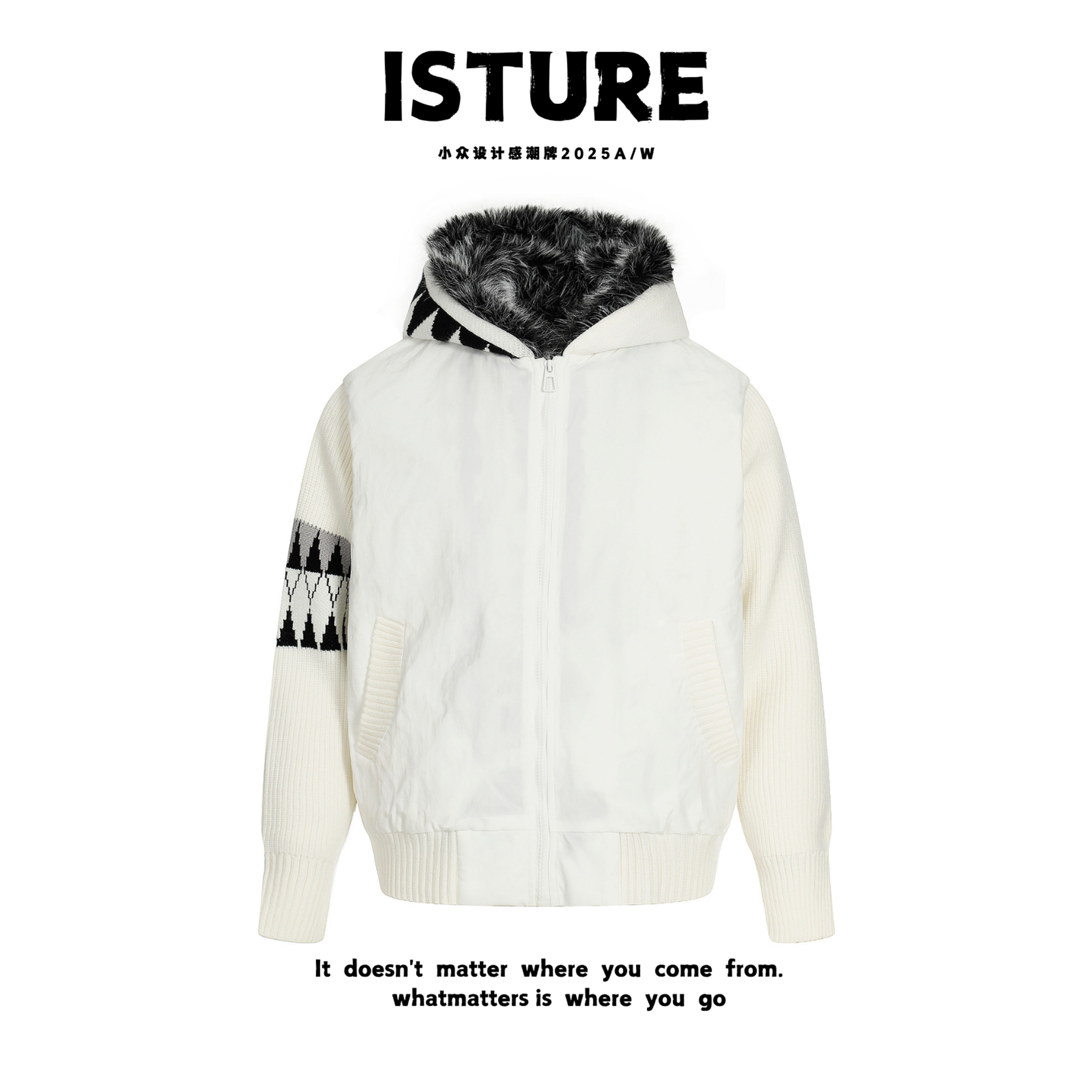 ISTURE美式复古针织拼接假两件连帽棉服情侣宽松休闲加厚冬季外套