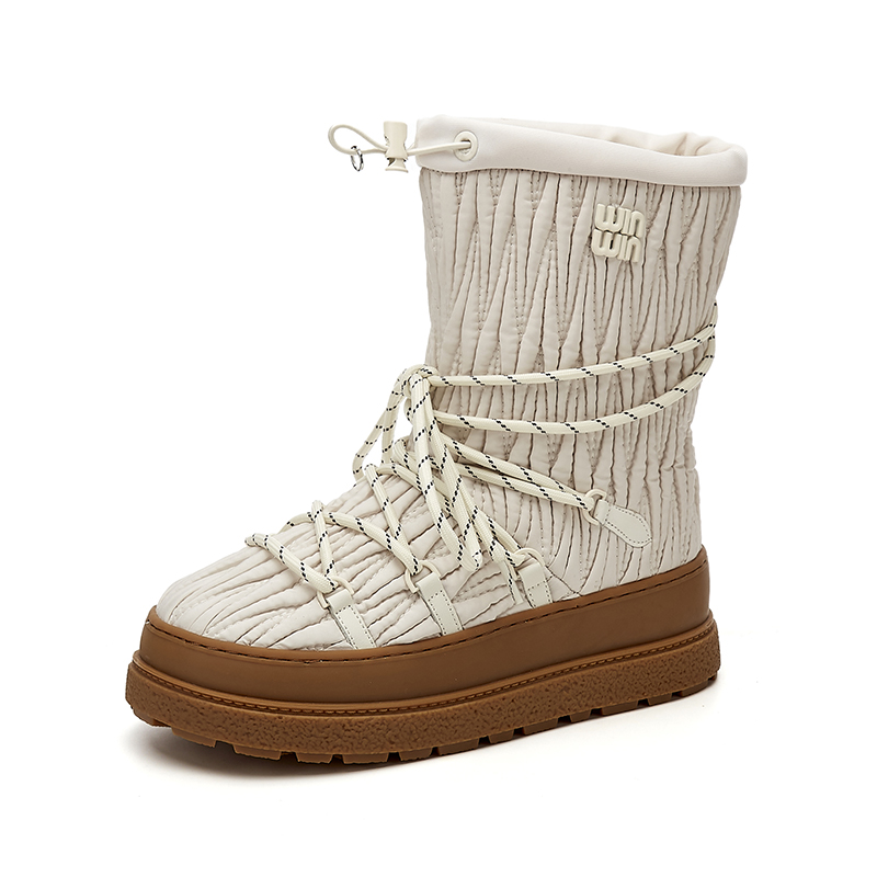 潮流经典2024新款进口羊羔毛褶皱尼龙绑带厚底中筒滑雪靴雪地靴