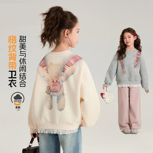 春季新款女童卫衣甜美系格纹圆领休闲印花柔软花边童趣卡通卫衣