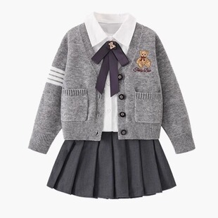 女童秋季新款长袖针织衫学院风三件套秋装儿童小熊衬衣百褶裙套装