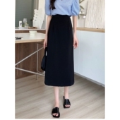 新款 春夏高腰半身裙女装 黑色裙子a字显瘦遮胯微胖设计感开叉黑色