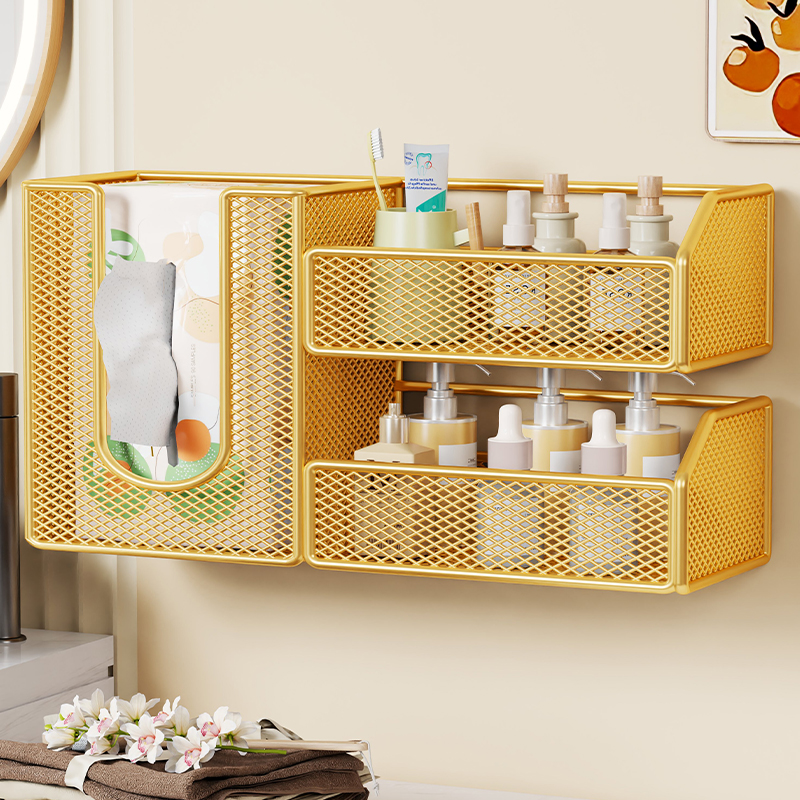 速发卫生间化妆品收纳盒壁挂式免置孔墙上多收打物架洗面奶牙刷层