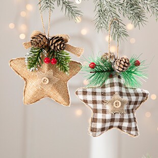 速发新诞圣品挂饰粘布五角星麻饰松果松针叶材料圣诞树装饰品挂件