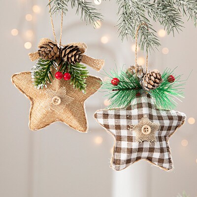 速发新诞圣品挂饰粘布五角星麻饰松果松针叶材料圣诞树装饰品挂件