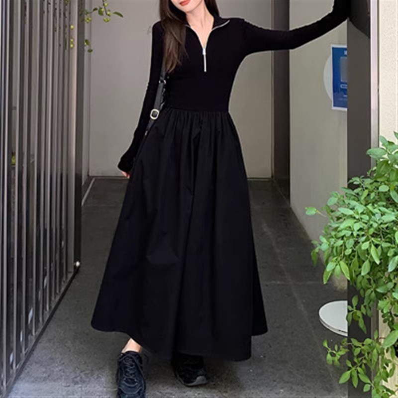速发有口袋法式赫本风黑色长袖连衣裙复古宽松简约拉链套头长裙