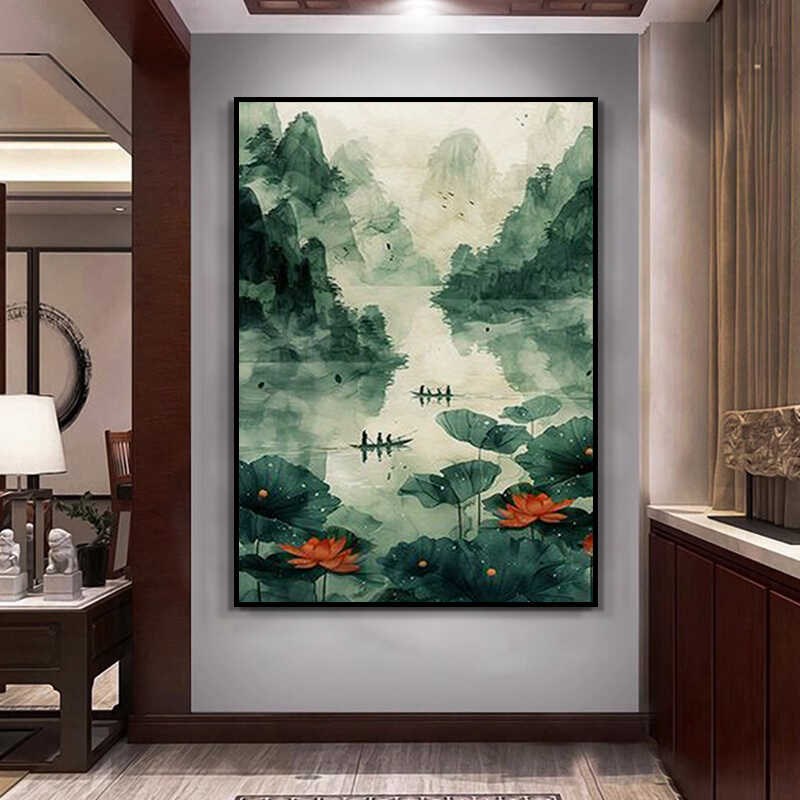 速发新中式手绘油画荷花装饰画客厅玄关挂画餐厅壁画卧室床头国风图片