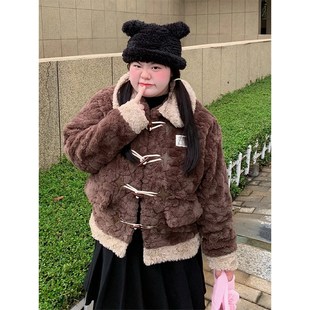 速发特大码装牛角扣棉衣绒服秋冬毛棉绒厚羔毛加羊保暖外套