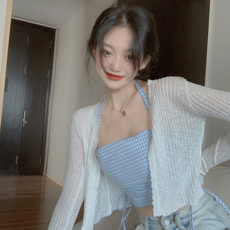 速发白色针织搭晒开衫薄款外披外套防肩罩衫薄纱夏天配吊带长裙上