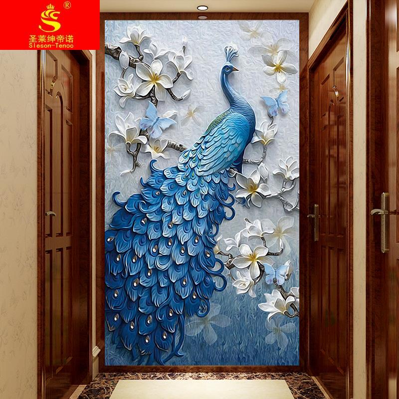 速发8d墙布过道装饰壁画5d立体浮雕壁纸简约孔雀走廊玄关背景墙纸图片