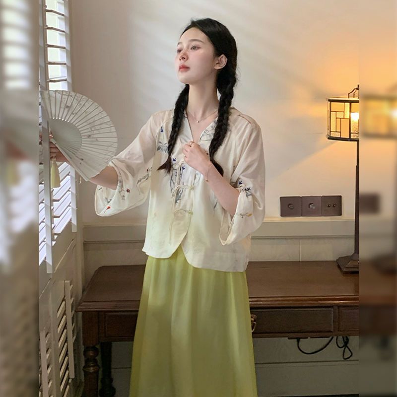 新中式国风衬衫套装女夏复古改良汉服半身裙两件套