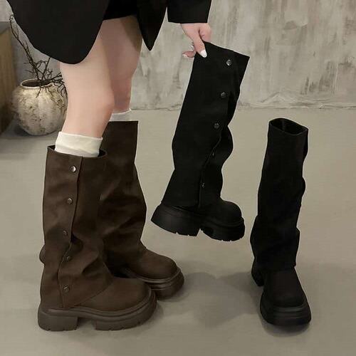 7cm【钉扣】美拉德棕色长筒靴女小个子厚底裤管堆堆靴06