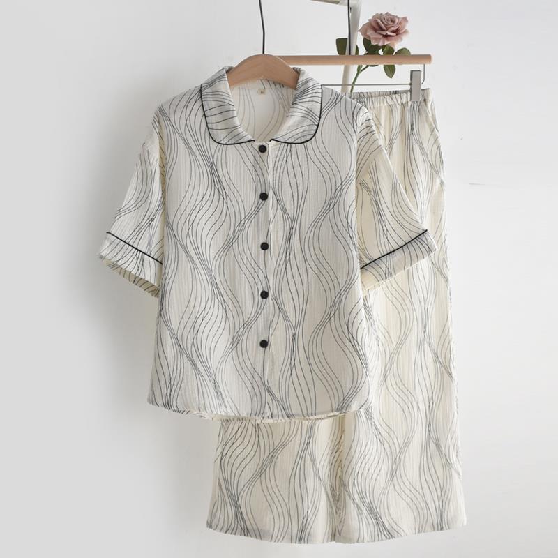 高级感波浪条纹睡衣女春夏季纯棉纱布中袖阔腿九分裤家居服套装