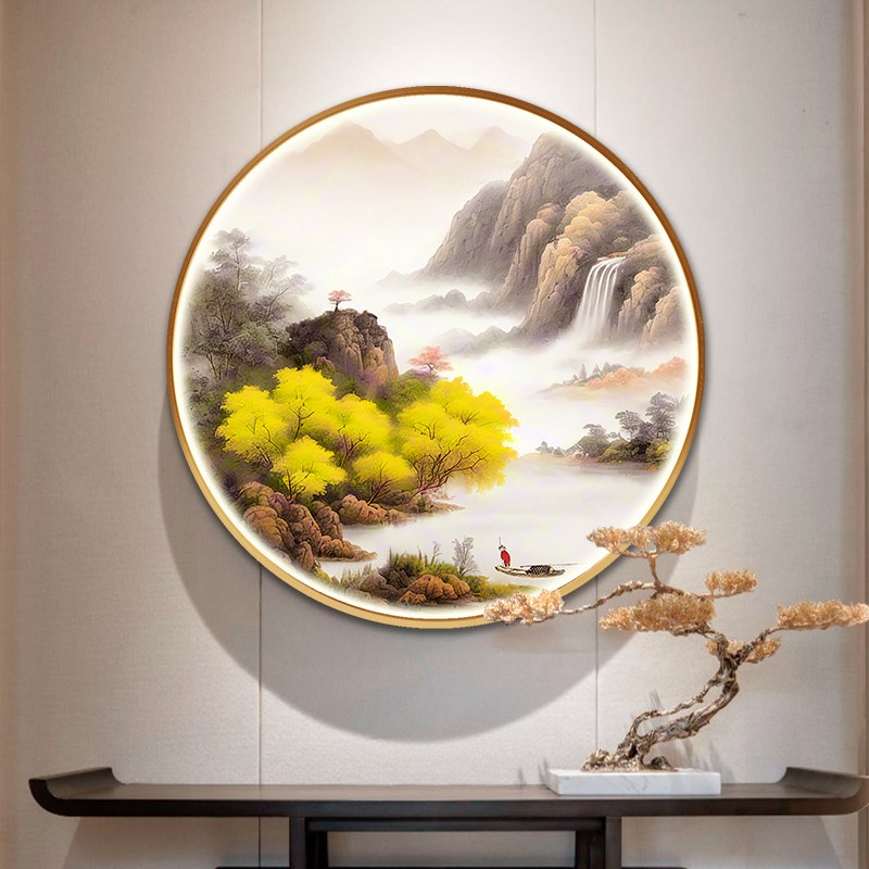 大芬圆形a山水挂画新中式客厅风景油画餐厅手绘灯光玄关走廊装饰图片