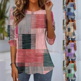 neck plaid sleeved shirt round women Long style