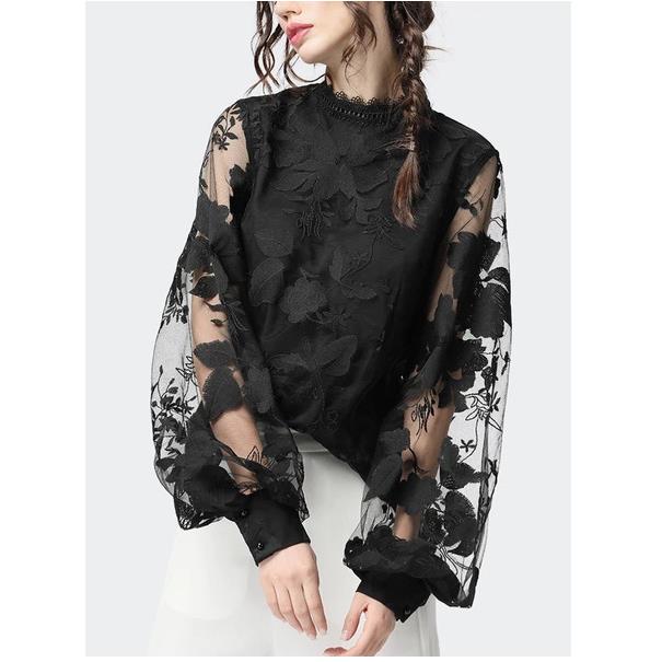 Ladies Lace Sleeve Transparent Round Neck Solid Color Top