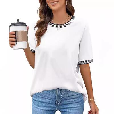 loose top Short-sleeved ribbed solid round color contrast
