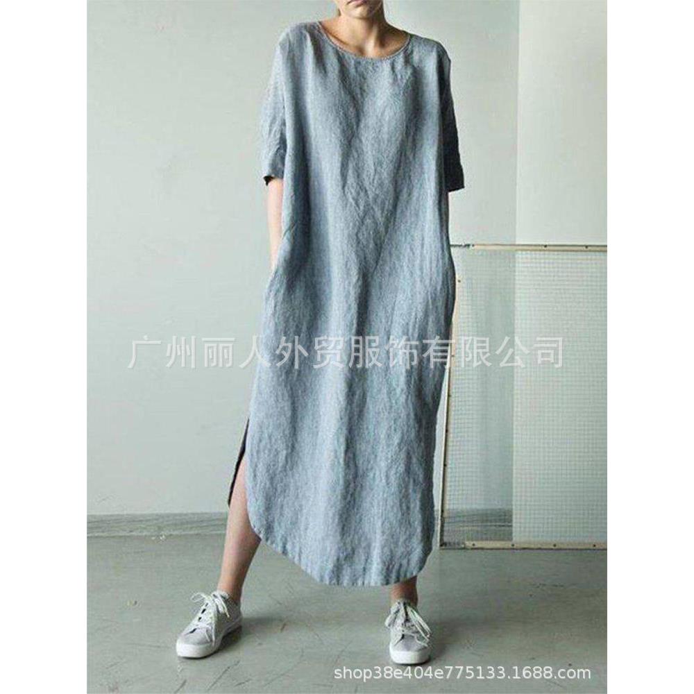 Cotton and Linen Dress Linen Womens Long Sleeve Round Neck