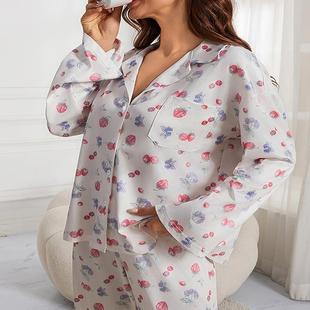 Wide Fruit Flower Pajamas Button Leg Shirt Sleeve Pants