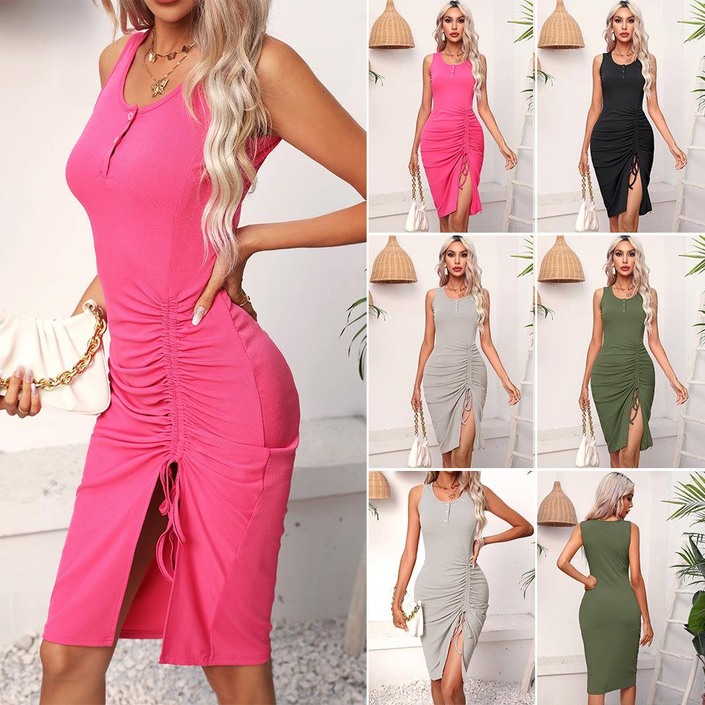Drawstring wrap short vest dress hip dress womens clothing