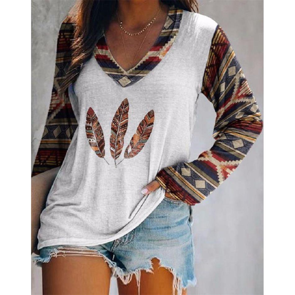 Top Sleeve Long Western Digital Neck Round Loose Fashion