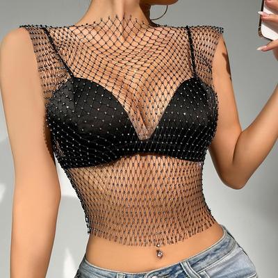 Rhinestone Fishnet Top Net Diamond Sparkling Womens Short