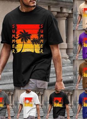 Mens Film Leaf Anti-padded Round Neck T-shirt Plain Mens