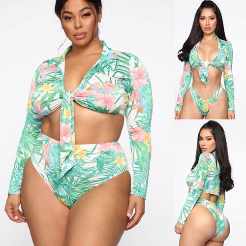 Bikini Plus Size Swimsuit Long Sleeve High Waist Swimwear