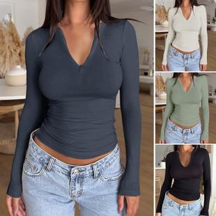 neck shirt Long Casual Zipper Slim Fit Sleeve Top