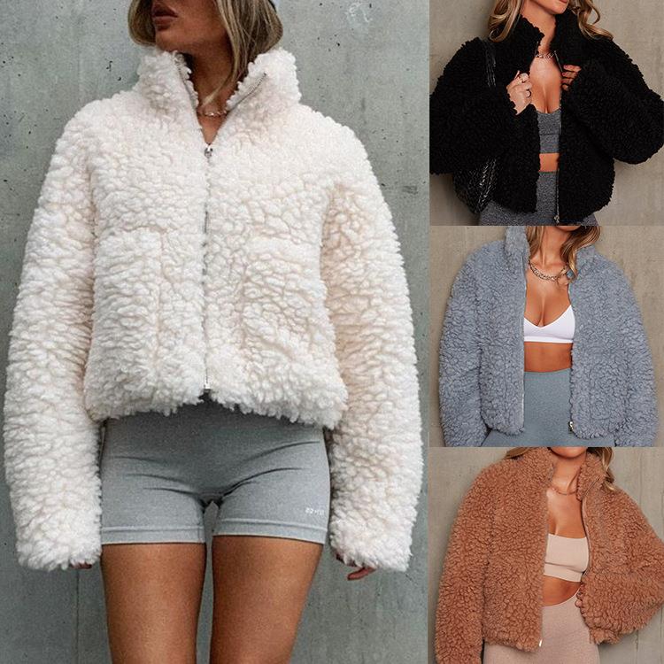 Women's plush cardigan short jacket lamb wool coat