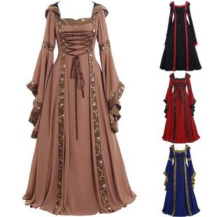 Square Dress Trumpet Swing Hooded Medieval Neck Retro Color