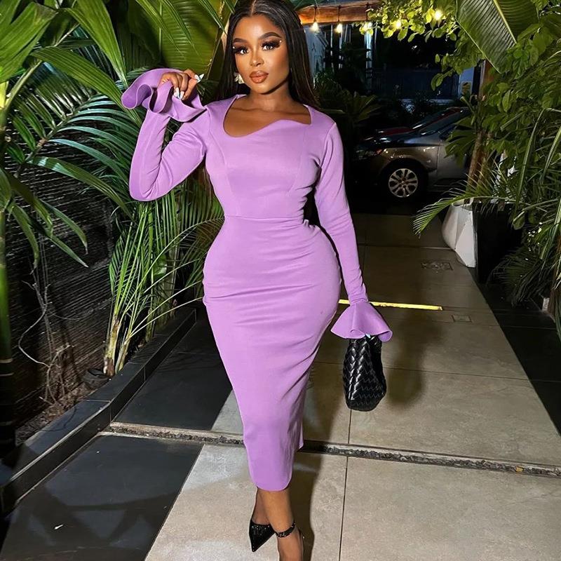 Fashion round neck dress solid color splicing trumpet