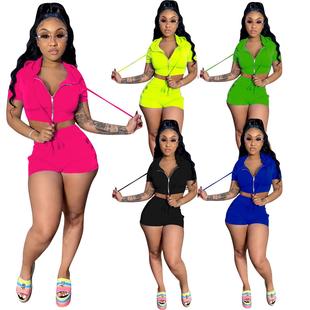 solid color casual hood sports suit and Womens zipper