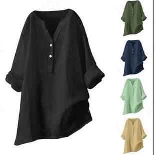 Color Womens Cotton Loose Tops Linen and Shirt Solid