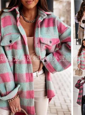wool coat women  autumn and winter new plaid mohair coat