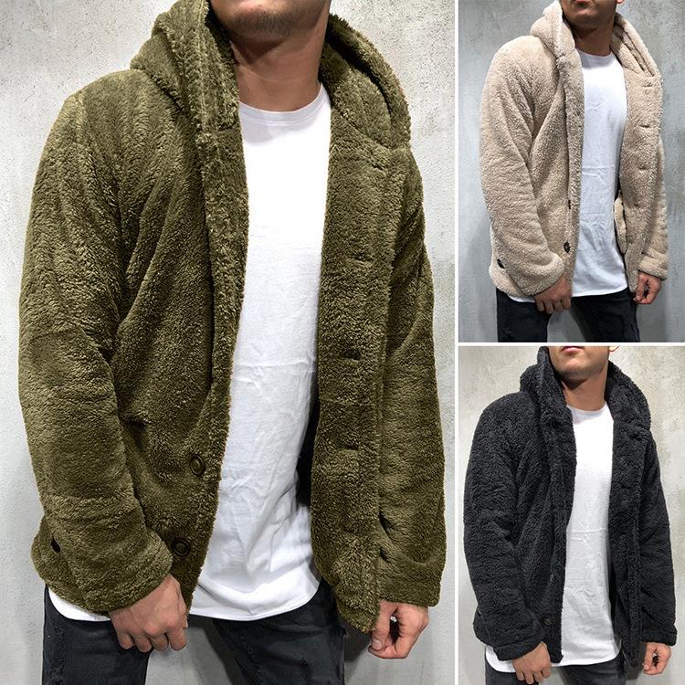 men jacket winter  long fluffy fleece warm outerwear hooded