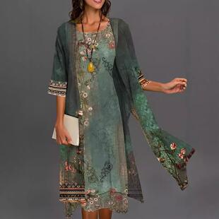 Sleeve Midi Womens Piece Floral Green Emerald Two Dress