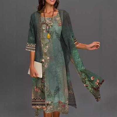 Sleeve Midi Womens Piece Floral Green Emerald Two Dress