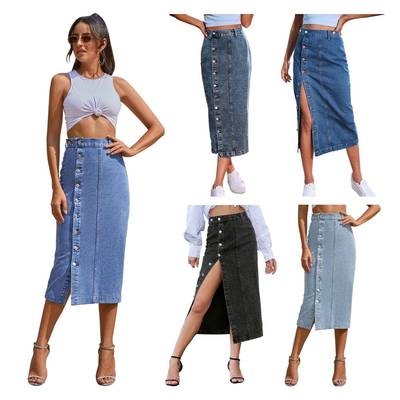 summer long denim slit skirt A-line half-length button