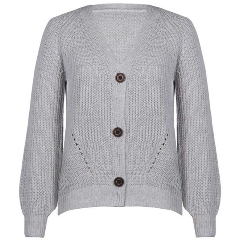 Sweater womens cardigan solid color lantern sleeve button