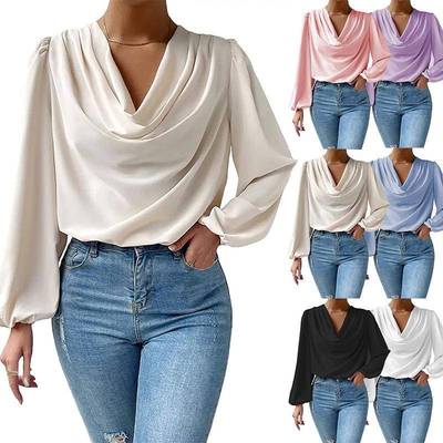Chiffon Long Sleeve Shirt Loose Draped V Neck Casual Top