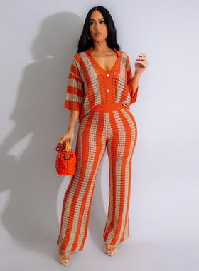 Wide Suit Lapel Sexy V-neck Striped Pants Hollow Womens