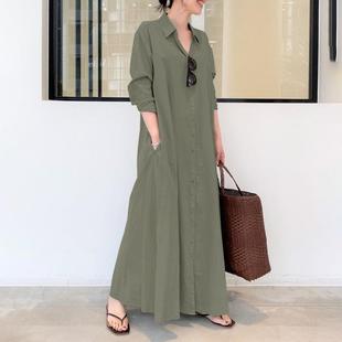solid color lapel Cotton sleeves linen long pockets and