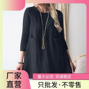 neck round and sleeve cotton linen short pocket tops loose