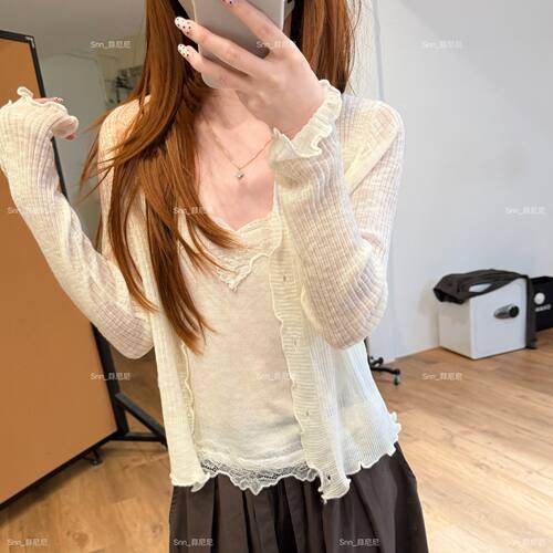 蒜尼尼【一眼清透显瘦小外搭】v领系扣上衣气质显瘦开衫外套女351