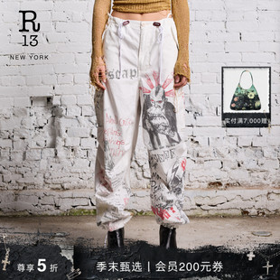 明星同款 白底涂鸦印花束脚工装 R13 BALLOON 裤 早春系列