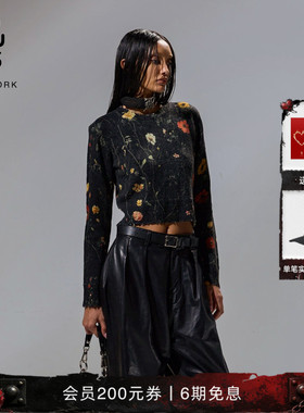 R13 短款圆领复古花卉印花羊毛毛衣针织衫