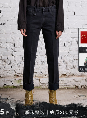 R13 早春系列 ROMEO 男友风修身直筒铅笔裤黑色翻边牛仔裤
